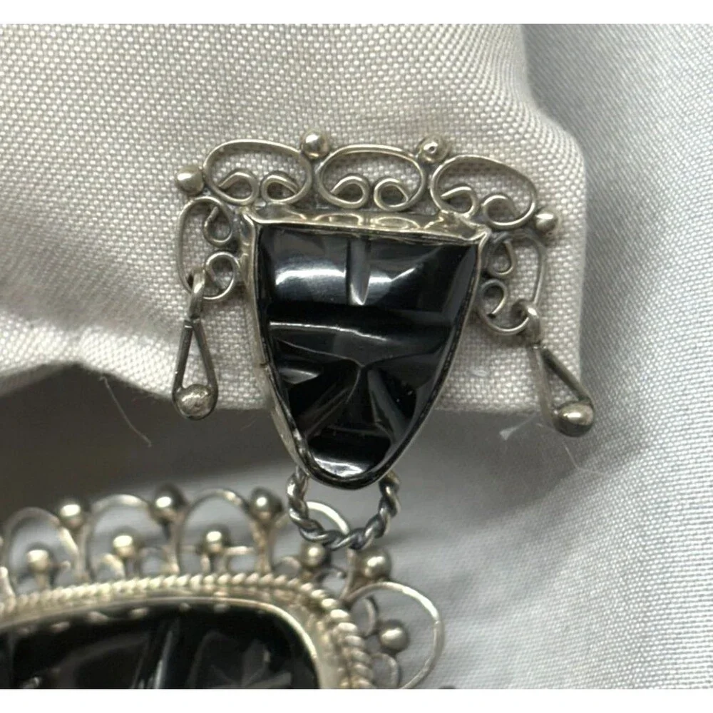 Vintage Mexico Sterling Silver Black Onyx Carved Mask Brooch and Earring Set MCM